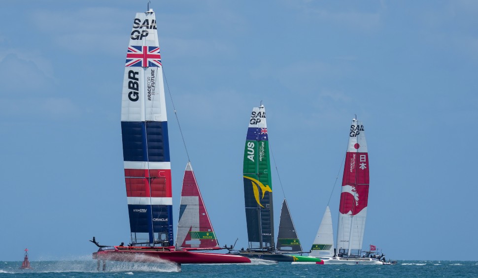 Great Britain SailGP Team presented by INEOS, France SailGP Team, Spain SailGP Team and Australia SailGP Team in Friday action at Bermuda SailGP presented by Hamilton Princess, Event 1 Season 2 in Hamilton, Bermuda. 